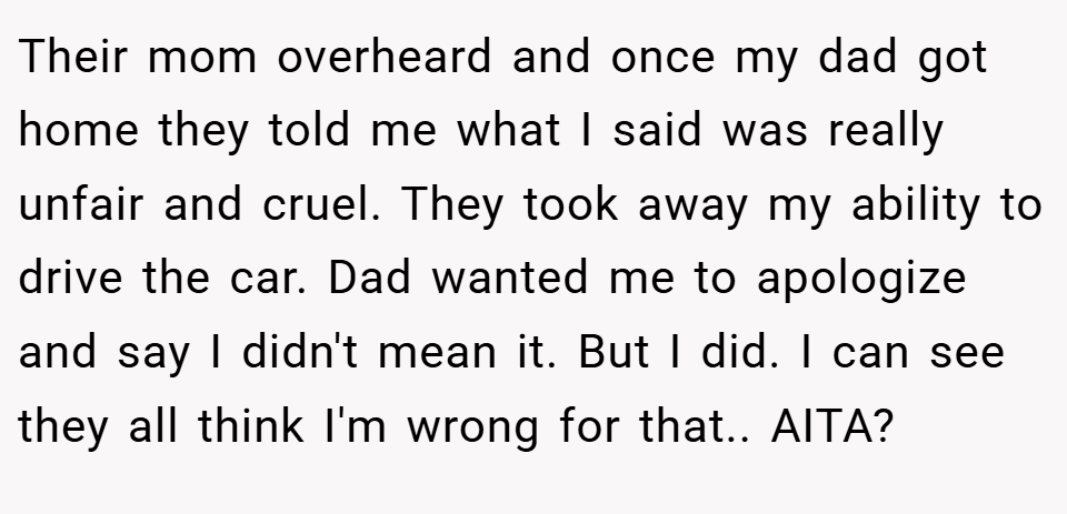 Their mom overheard and once my dad got home they told me what I said was really unfair and cruel. They took away my ability to drive the car. Dad wanted me to apologize and say I didn't mean it. But I did. I can see they all think I'm wrong for that.. AITA?