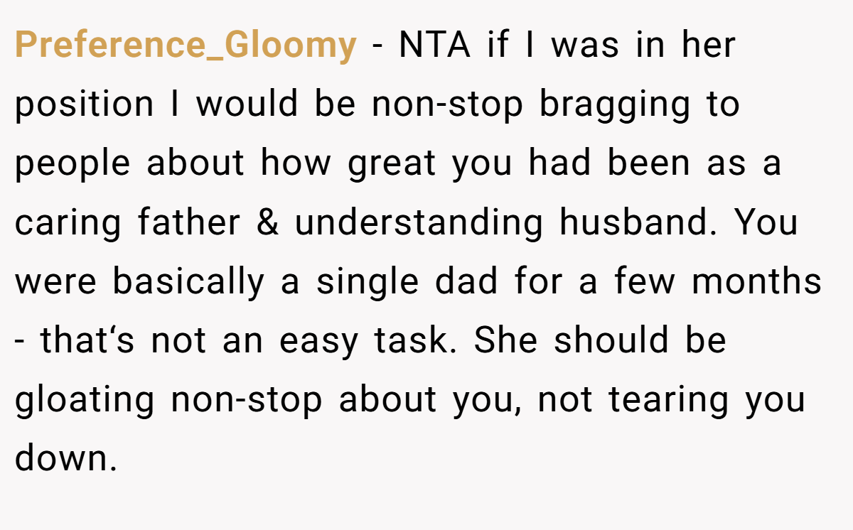 Preference_Gloomy − NTA if I was in her position I would be non-stop bragging to people about how great you had been as a caring father & understanding husband. You were basically a single dad for a few months - that‘s not an easy task. She should be gloating non-stop about you, not tearing you down.