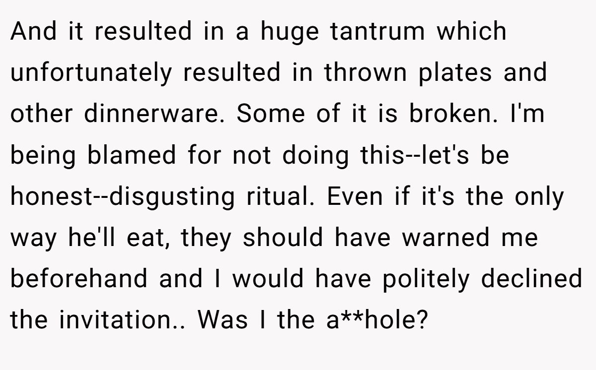 And it resulted in a huge tantrum which unfortunately resulted in thrown plates and other dinnerware. Some of it is broken. I'm being blamed for not doing this--let's be honest--disgusting ritual. Even if it's the only way he'll eat, they should have warned me beforehand and I would have politely declined the invitation.. Was I the a**hole?