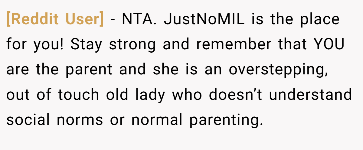 [Reddit User] - NTA. JustNoMIL is the place for you! Stay strong and remember that YOU are the parent and she is an overstepping, out of touch old lady who doesn’t understand social norms or normal parenting.