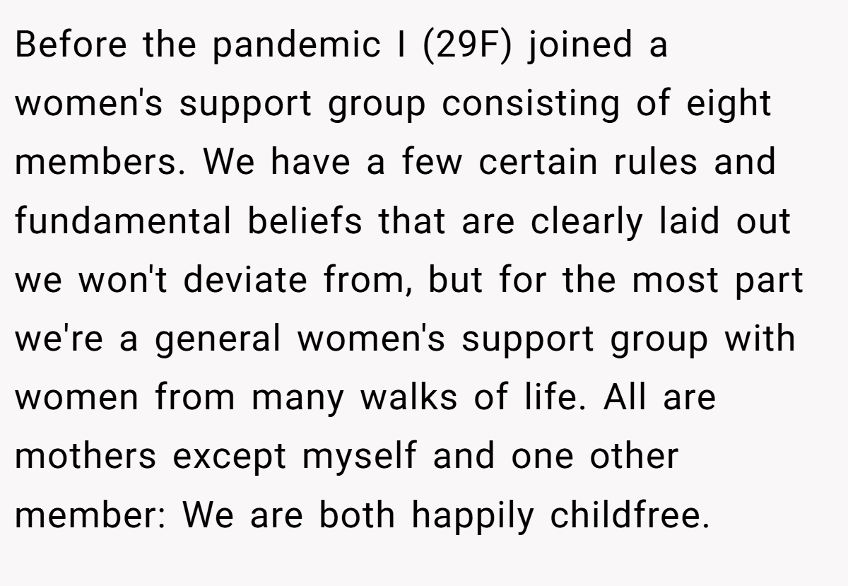 Before the pandemic I (29F) joined a women's support group consisting of eight members. We have a few certain rules and fundamental beliefs that are clearly laid out we won't deviate from, but for the most part we're a general women's support group with women from many walks of life. All are mothers except myself and one other member: We are both happily childfree.