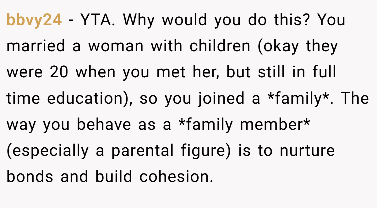 bbvy24 - YTA. Why would you do this? You married a woman with children (okay they were 20 when you met her, but still in full time education), so you joined a *family*. The way you behave as a *family member* (especially a parental figure) is to nurture bonds and build cohesion.
