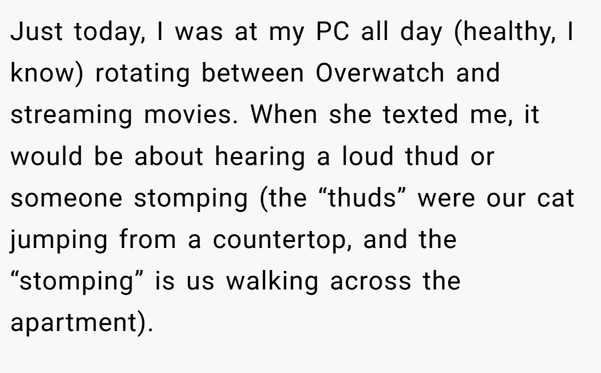 Just today, I was at my PC all day (healthy, I know) rotating between Overwatch and streaming movies. When she texted me, it would be about hearing a loud thud or someone stomping (the “thuds” were our cat jumping from a countertop, and the “stomping” is us walking across the apartment).