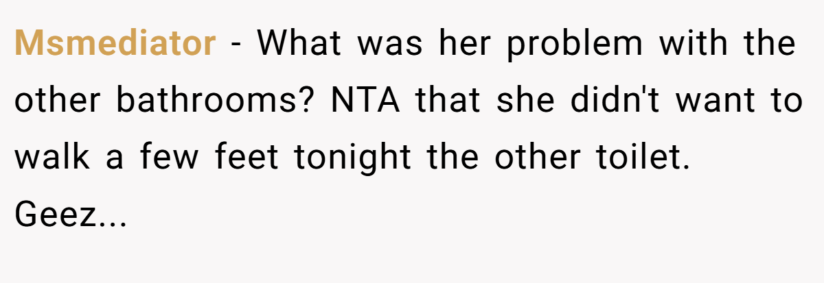 Msmediator − What was her problem with the other bathrooms? NTA that she didn't want to walk a few feet tonight the other toilet. Geez...