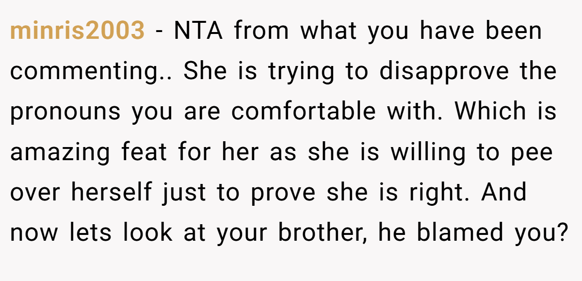 minris2003 − NTA from what you have been commenting.. She is trying to disapprove the pronouns you are comfortable with. Which is amazing feat for her as she is willing to pee over herself just to prove she is right. And now lets look at your brother, he blamed you?