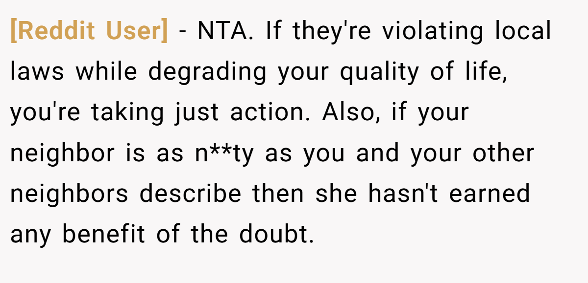 [Reddit User] − NTA. If they're violating local laws while degrading your quality of life, you're taking just action. Also, if your neighbor is as n**ty as you and your other neighbors describe then she hasn't earned any benefit of the doubt.