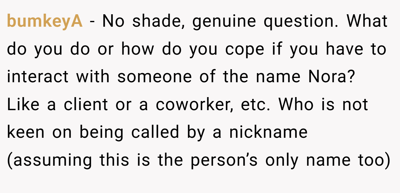 bumkeyA - No shade, genuine question. What do you do or how do you cope if you have to interact with someone of the name Nora? Like a client or a coworker, etc. Who is not keen on being called by a nickname (assuming this is the person’s only name too)