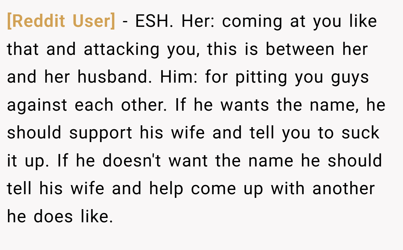 [Reddit User] - ESH. Her: coming at you like that and attacking you, this is between her and her husband. Him: for pitting you guys against each other. If he wants the name, he should support his wife and tell you to suck it up. If he doesn't want the name he should tell his wife and help come up with another he does like.