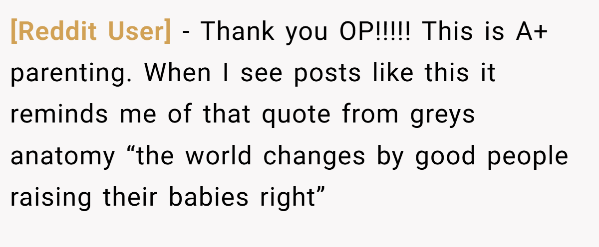 [Reddit User] − Thank you OP!!!!! This is A+ parenting. When I see posts like this it reminds me of that quote from greys anatomy “the world changes by good people raising their babies right”