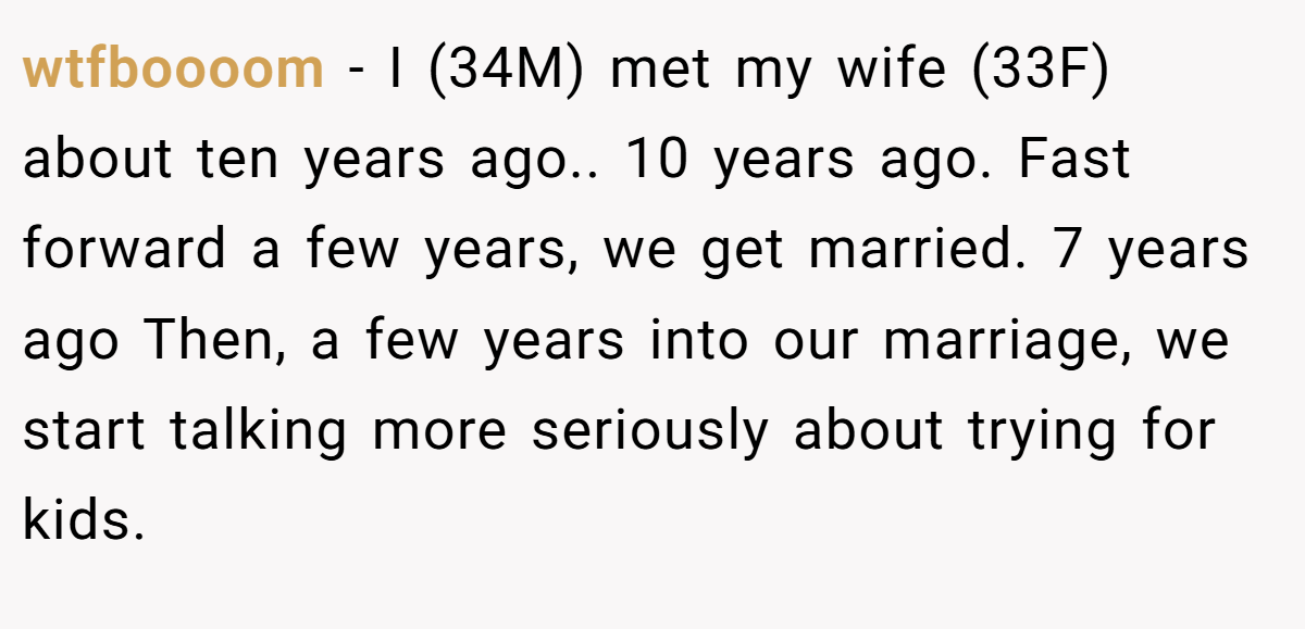 wtfboooom - I (34M) met my wife (33F) about ten years ago.. 10 years ago. Fast forward a few years, we get married. 7 years ago Then, a few years into our marriage, we start talking more seriously about trying for kids.