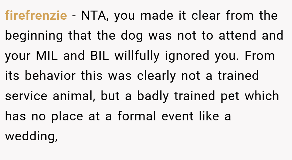firefrenzie − NTA, you made it clear from the beginning that the dog was not to attend and your MIL and BIL willfully ignored you. From its behavior this was clearly not a trained service animal, but a badly trained pet which has no place at a formal event like a wedding,
