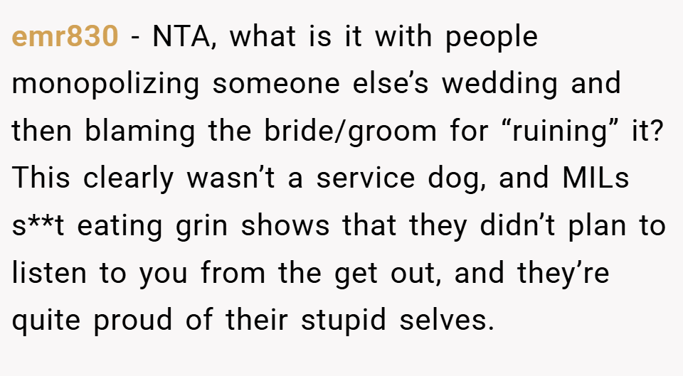 emr830 − NTA, what is it with people monopolizing someone else’s wedding and then blaming the bride/groom for “ruining” it? This clearly wasn’t a service dog, and MILs s**t eating grin shows that they didn’t plan to listen to you from the get out, and they’re quite proud of their stupid selves.