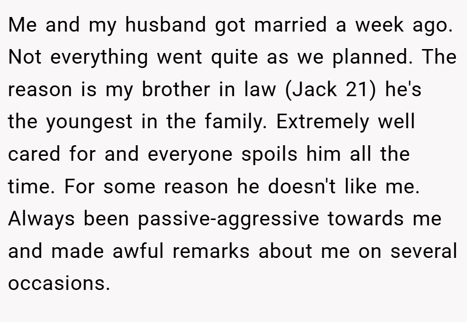 Me and my husband got married a week ago. Not everything went quite as we planned. The reason is my brother in law (Jack 21) he's the youngest in the family. Extremely well cared for and everyone spoils him all the time. For some reason he doesn't like me. Always been passive-aggressive towards me and made awful remarks about me on several occasions.