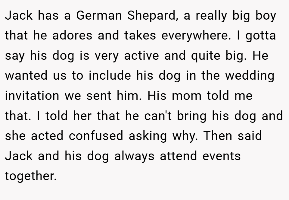 Jack has a German Shepard, a really big boy that he adores and takes everywhere. I gotta say his dog is very active and quite big. He wanted us to include his dog in the wedding invitation we sent him. His mom told me that. I told her that he can't bring his dog and she acted confused asking why. Then said Jack and his dog always attend events together.