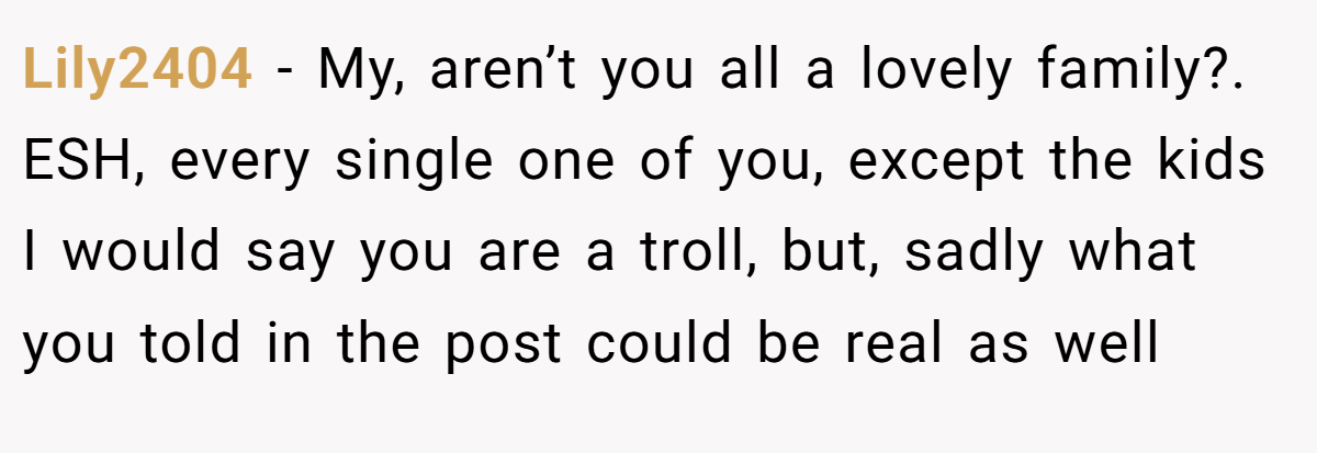 Lily2404 − My, aren’t you all a lovely family?. ESH, every single one of you, except the kids I would say you are a troll, but, sadly what you told in the post could be real as well
