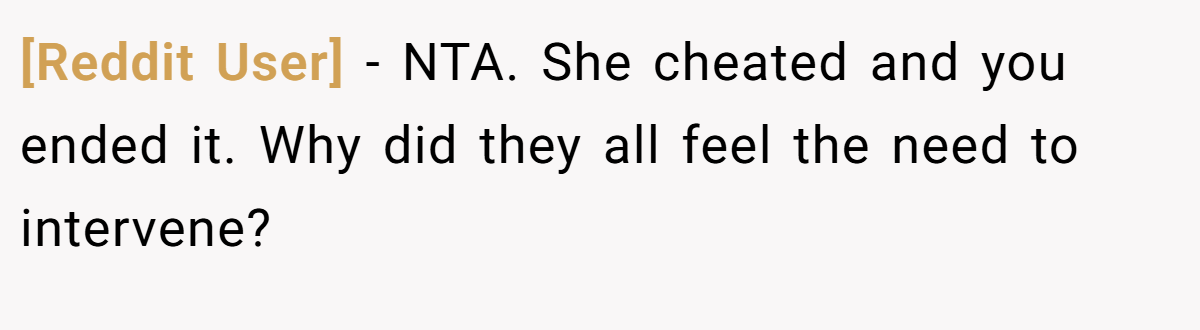 [Reddit User] − NTA. She cheated and you ended it. Why did they all feel the need to intervene?