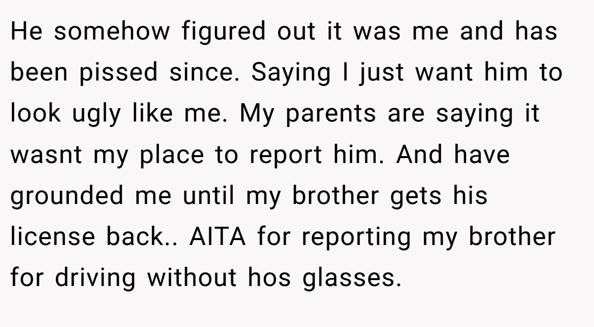 He somehow figured out it was me and has been pissed since. Saying I just want him to look ugly like me. My parents are saying it wasnt my place to report him. And have grounded me until my brother gets his license back.. AITA for reporting my brother for driving without hos glasses.
