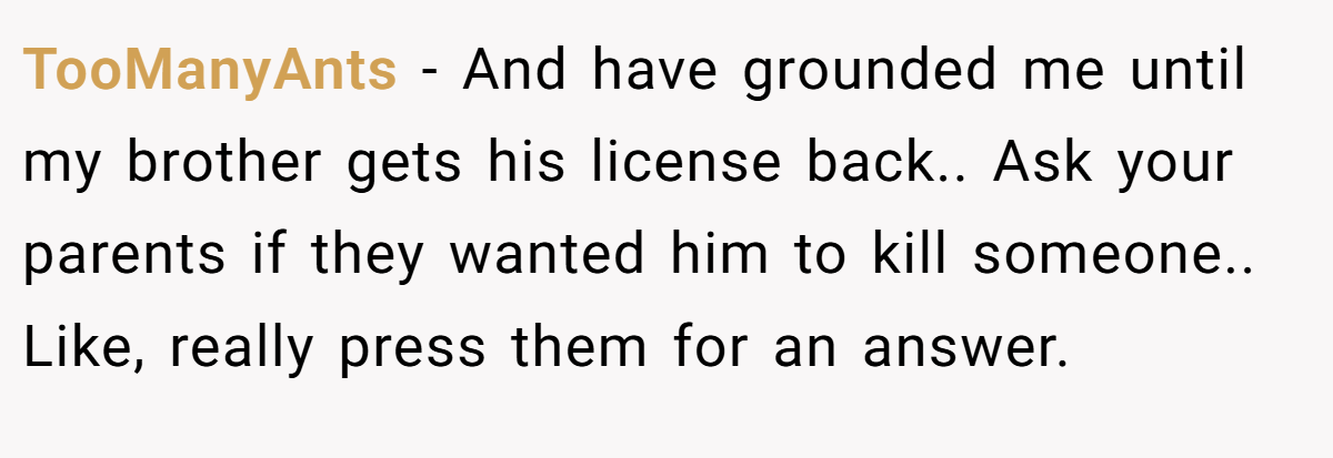 TooManyAnts - And have grounded me until my brother gets his license back.. Ask your parents if they wanted him to kill someone.. Like, really press them for an answer.