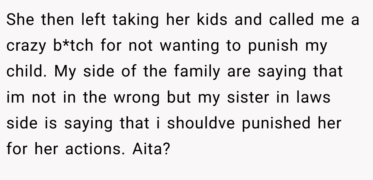 She then left taking her kids and called me a crazy b*tch for not wanting to punish my child. My side of the family are saying that im not in the wrong but my sister in laws side is saying that i shouldve punished her for her actions. Aita?