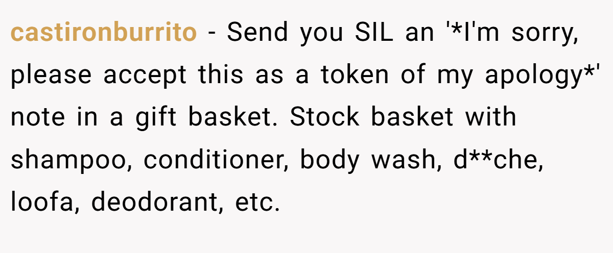 castironburrito − Send you SIL an '*I'm sorry, please accept this as a token of my apology*' note in a gift basket. Stock basket with shampoo, conditioner, body wash, d**che, loofa, deodorant, etc.