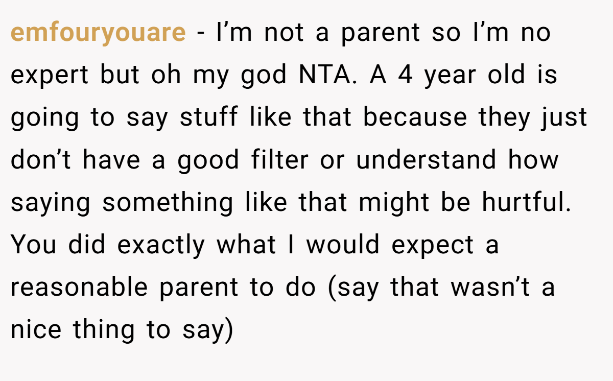 emfouryouare − I’m not a parent so I’m no expert but oh my god NTA. A 4 year old is going to say stuff like that because they just don’t have a good filter or understand how saying something like that might be hurtful. You did exactly what I would expect a reasonable parent to do (say that wasn’t a nice thing to say)