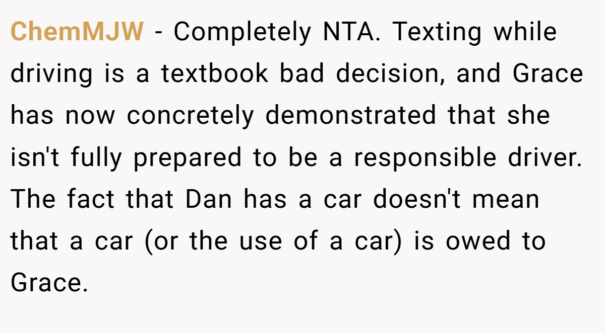 ChemMJW − Completely NTA. Texting while driving is a textbook bad decision, and Grace has now concretely demonstrated that she isn't fully prepared to be a responsible driver. The fact that Dan has a car doesn't mean that a car (or the use of a car) is owed to Grace.