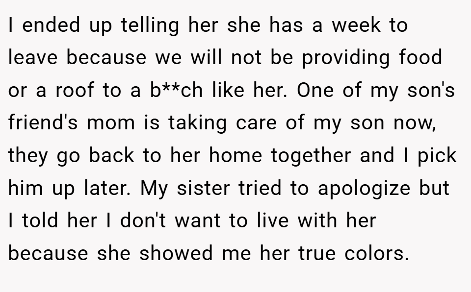 I ended up telling her she has a week to leave because we will not be providing food or a roof to a b**ch like her. One of my son's friend's mom is taking care of my son now, they go back to her home together and I pick him up later. My sister tried to apologize but I told her I don't want to live with her because she showed me her true colors.