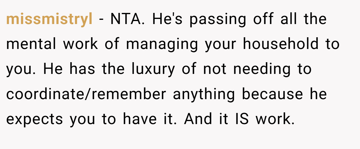 missmistryl − NTA. He's passing off all the mental work of managing your household to you. He has the luxury of not needing to coordinate/remember anything because he expects you to have it. And it IS work.