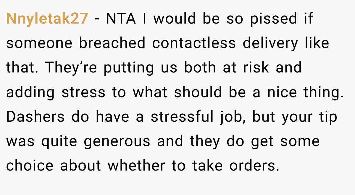 Nnyletak27 − NTA I would be so pissed if someone breached contactless delivery like that. They’re putting us both at risk and adding stress to what should be a nice thing. Dashers do have a stressful job, but your tip was quite generous and they do get some choice about whether to take orders.