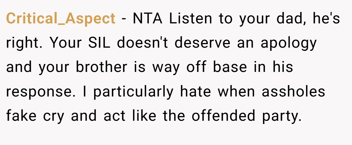 Critical_Aspect − NTA Listen to your dad, he's right. Your SIL doesn't deserve an apology and your brother is way off base in his response. I particularly hate when assholes fake cry and act like the offended party.