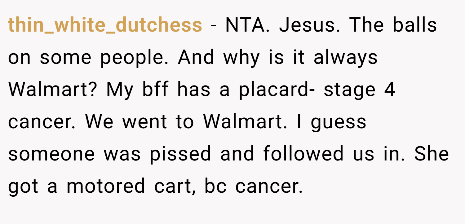 thin_white_dutchess − NTA. Jesus. The balls on some people. And why is it always Walmart? My bff has a placard- stage 4 cancer. We went to Walmart. I guess someone was pissed and followed us in. She got a motored cart, bc cancer.