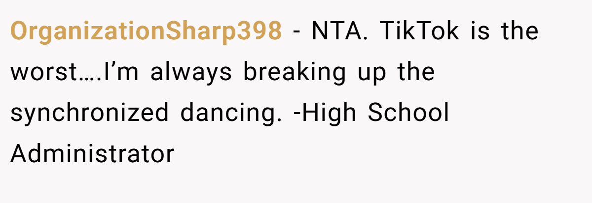 OrganizationSharp398 − NTA. TikTok is the worst….I’m always breaking up the synchronized dancing. -High School Administrator