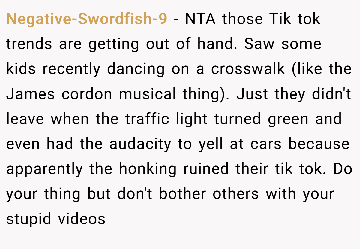 Negative-Swordfish-9 − NTA those Tik tok trends are getting out of hand. Saw some kids recently dancing on a crosswalk (like the James cordon musical thing). Just they didn't leave when the traffic light turned green and even had the audacity to yell at cars because apparently the honking ruined their tik tok. Do your thing but don't bother others with your stupid videos