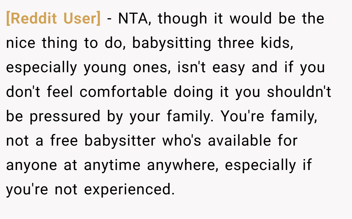 [Reddit User] − NTA, though it would be the nice thing to do, babysitting three kids, especially young ones, isn't easy and if you don't feel comfortable doing it you shouldn't be pressured by your family. You're family, not a free babysitter who's available for anyone at anytime anywhere, especially if you're not experienced.