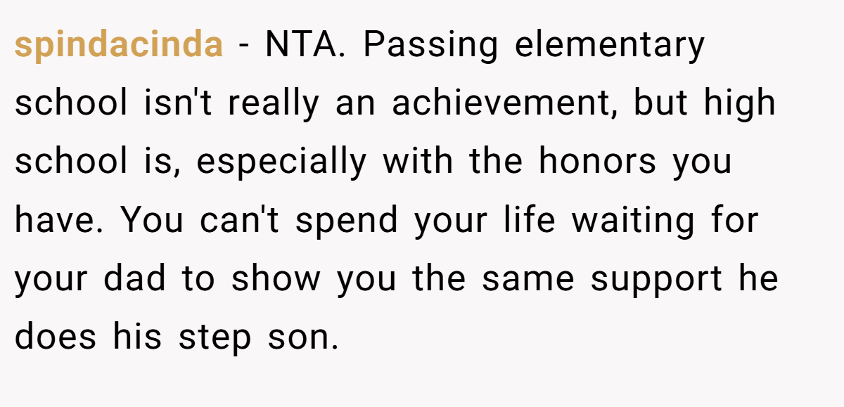 spindacinda − NTA. Passing elementary school isn't really an achievement, but high school is, especially with the honors you have. You can't spend your life waiting for your dad to show you the same support he does his step son.