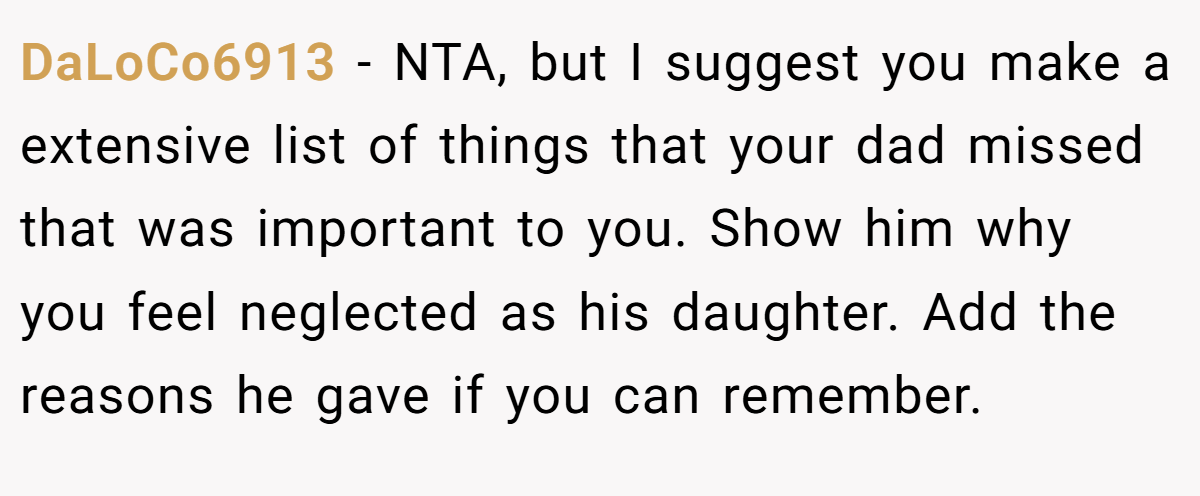 DaLoCo6913 − NTA, but I suggest you make a extensive list of things that your dad missed that was important to you. Show him why you feel neglected as his daughter. Add the reasons he gave if you can remember.