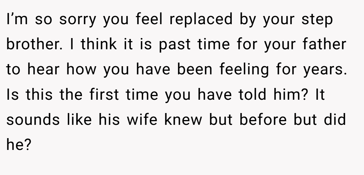 I’m so sorry you feel replaced by your step brother. I think it is past time for your father to hear how you have been feeling for years. Is this the first time you have told him? It sounds like his wife knew but before but did he?
