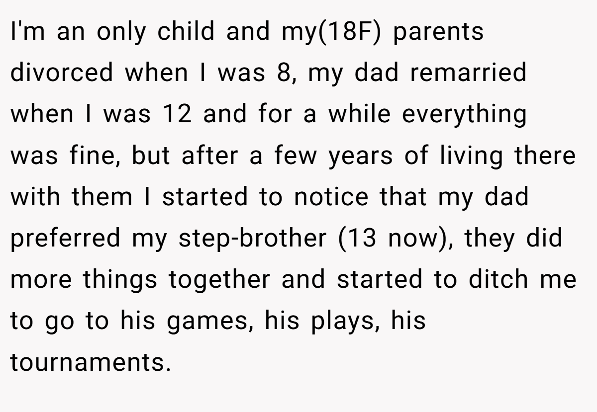 I'm an only child and my(18F) parents divorced when I was 8, my dad remarried when I was 12 and for a while everything was fine, but after a few years of living there with them I started to notice that my dad preferred my step-brother (13 now), they did more things together and started to ditch me to go to his games, his plays, his tournaments.