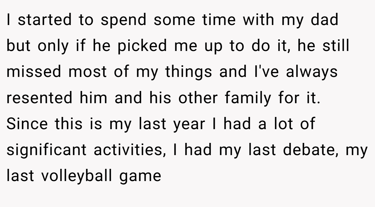 I started to spend some time with my dad but only if he picked me up to do it, he still missed most of my things and I've always resented him and his other family for it. Since this is my last year I had a lot of significant activities, I had my last debate, my last volleyball game