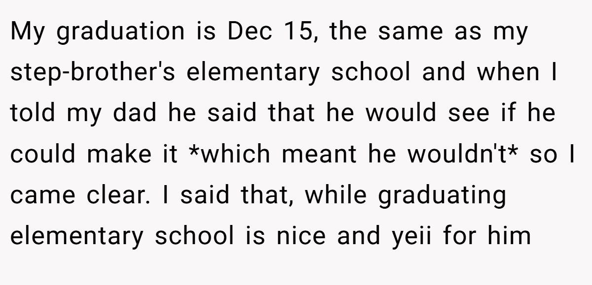 My graduation is Dec 15, the same as my step-brother's elementary school and when I told my dad he said that he would see if he could make it *which meant he wouldn't* so I came clear. I said that, while graduating elementary school is nice and yeii for him