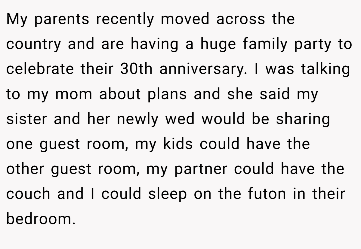My parents recently moved across the country and are having a huge family party to celebrate their 30th anniversary. I was talking to my mom about plans and she said my sister and her newly wed would be sharing one guest room, my kids could have the other guest room, my partner could have the couch and I could sleep on the futon in their bedroom.