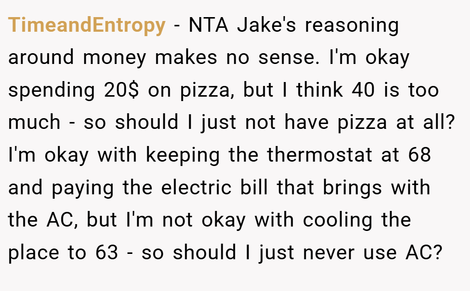 TimeandEntropy − NTA Jake's reasoning around money makes no sense. I'm okay spending 20$ on pizza, but I think 40 is too much - so should I just not have pizza at all? I'm okay with keeping the thermostat at 68 and paying the electric bill that brings with the AC, but I'm not okay with cooling the place to 63 - so should I just never use AC?