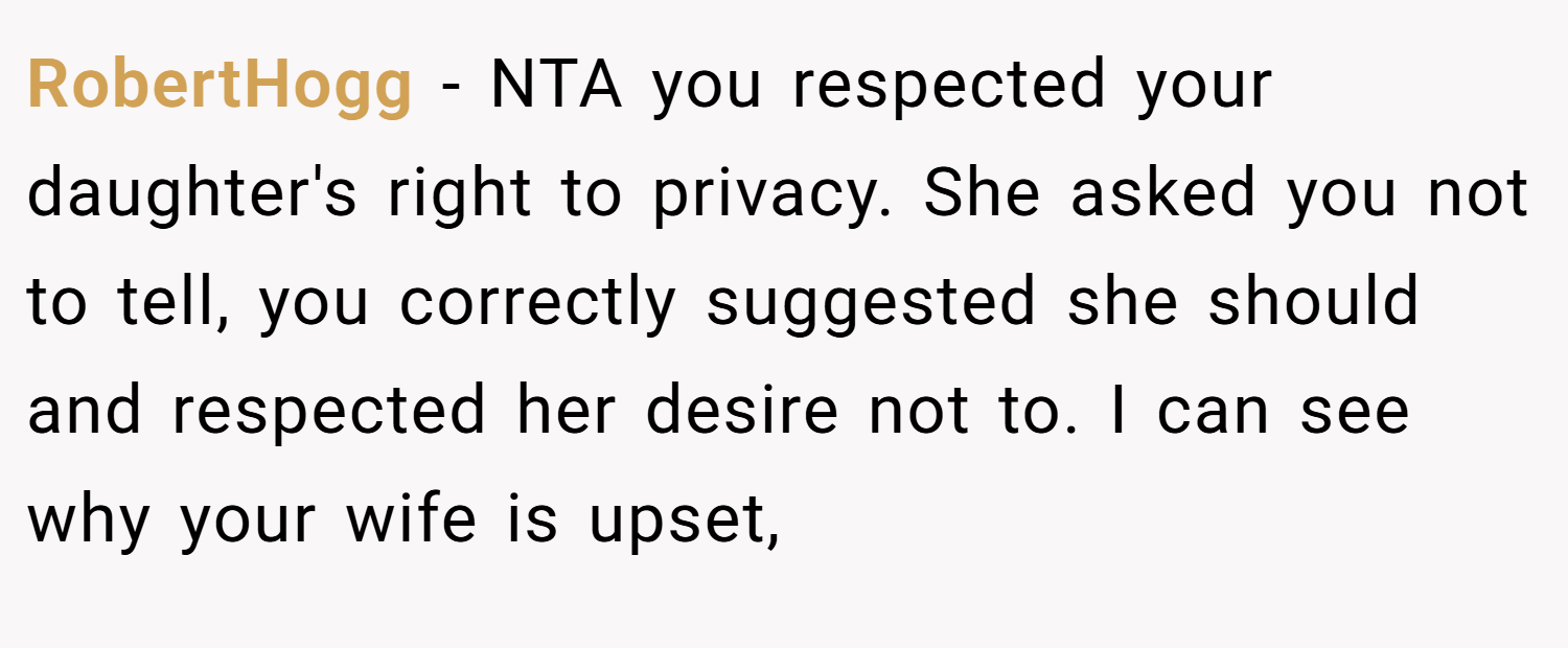 RobertHogg − NTA you respected your daughter's right to privacy. She asked you not to tell, you correctly suggested she should and respected her desire not to. I can see why your wife is upset,