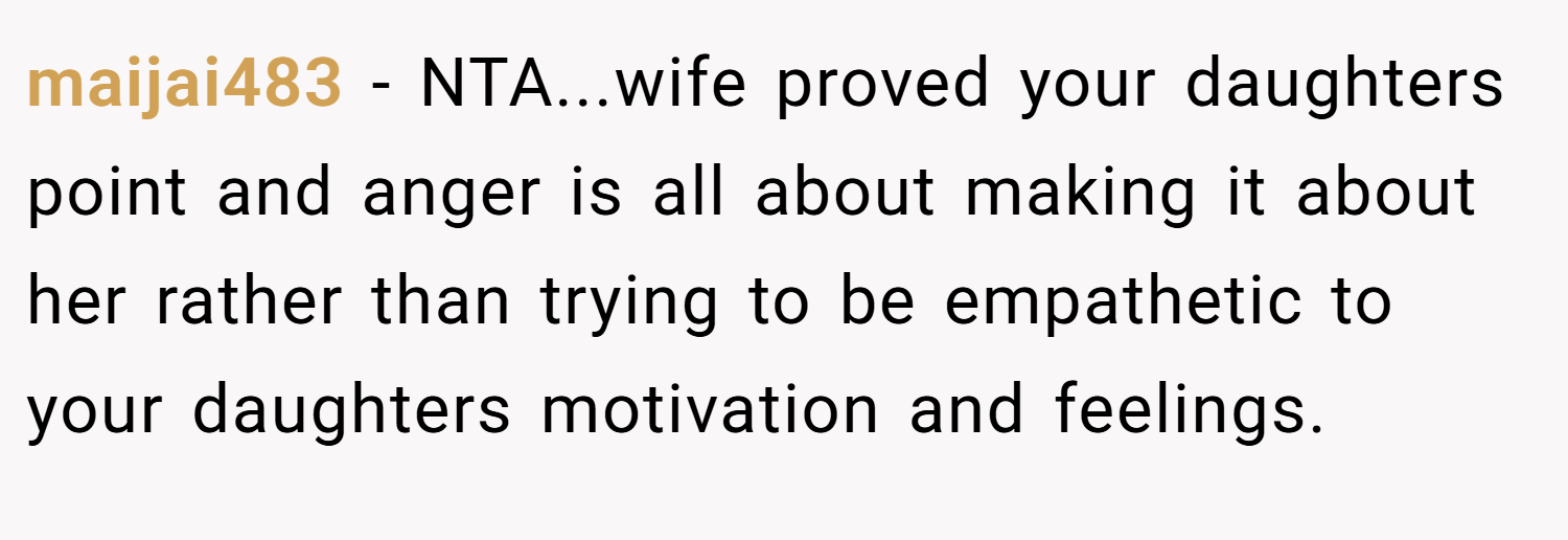 maijai483 − NTA...wife proved your daughters point and anger is all about making it about her rather than trying to be empathetic to your daughters motivation and feelings.