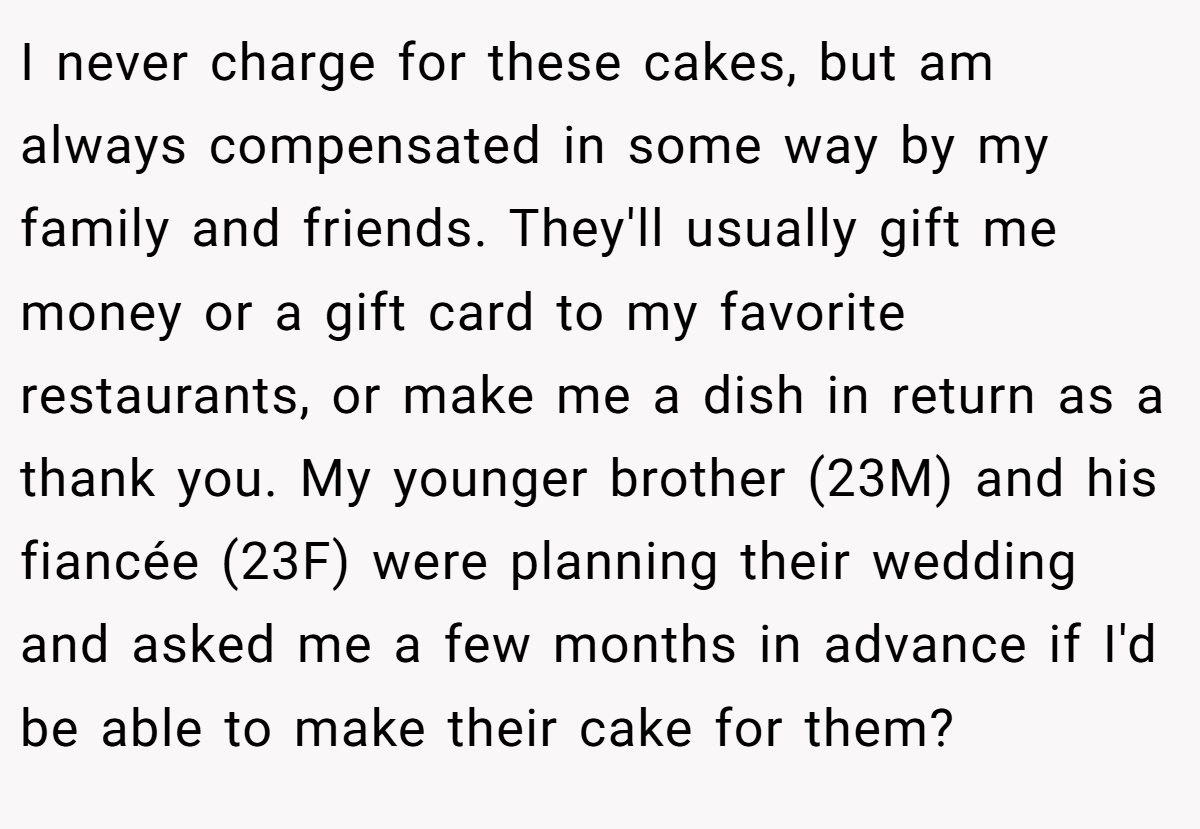 I never charge for these cakes, but am always compensated in some way by my family and friends. They'll usually gift me money or a gift card to my favorite restaurants, or make me a dish in return as a thank you. My younger brother (23M) and his fiancée (23F) were planning their wedding and asked me a few months in advance if I'd be able to make their cake for them?