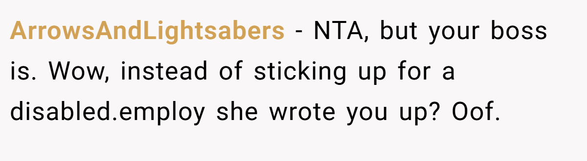 ArrowsAndLightsabers − NTA, but your boss is. Wow, instead of sticking up for a disabled.employ she wrote you up? Oof.