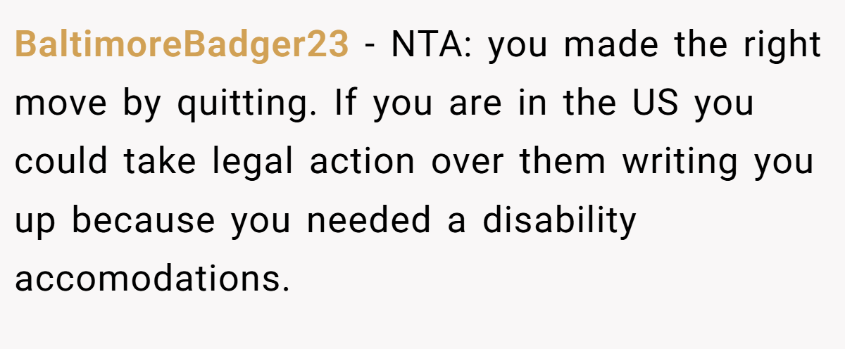 BaltimoreBadger23 − NTA: you made the right move by quitting. If you are in the US you could take legal action over them writing you up because you needed a disability accomodations.