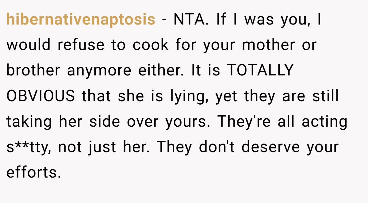 hibernativenaptosis − NTA. If I was you, I would refuse to cook for your mother or brother anymore either. It is TOTALLY OBVIOUS that she is lying, yet they are still taking her side over yours. They're all acting s**tty, not just her. They don't deserve your efforts.