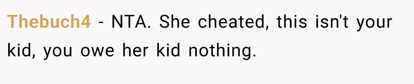 Thebuch4 − NTA. She cheated, this isn't your kid, you owe her kid nothing.