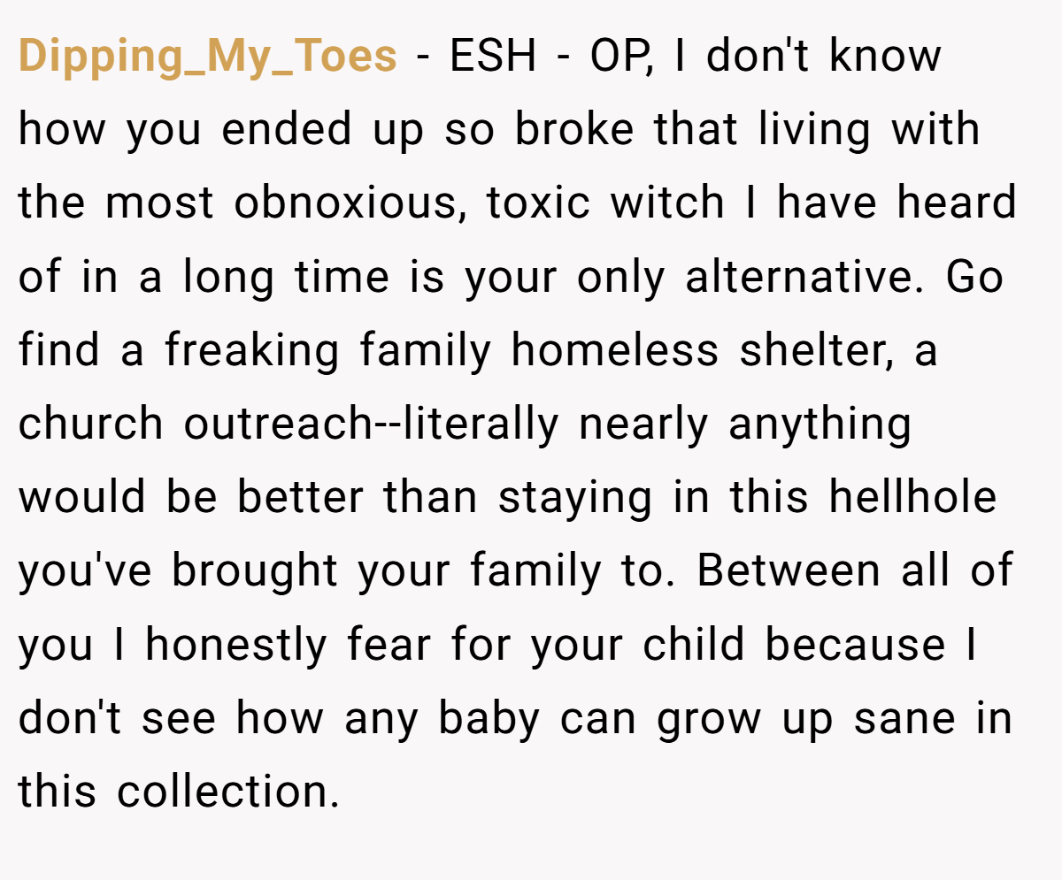 Dipping_My_Toes − ESH - OP, I don't know how you ended up so broke that living with the most obnoxious, toxic witch I have heard of in a long time is your only alternative. Go find a freaking family homeless shelter, a church outreach--literally nearly anything would be better than staying in this hellhole you've brought your family to. Between all of you I honestly fear for your child because I don't see how any baby can grow up sane in this collection.